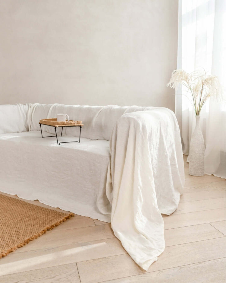 Off white linen couch cover custom size, seamless, front view, 190 g/m²