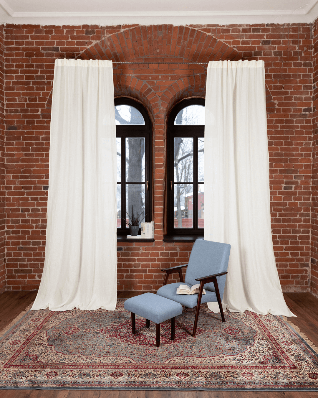 Off white semi-sheer linen curtains — 190 g/m², set of 2, front view