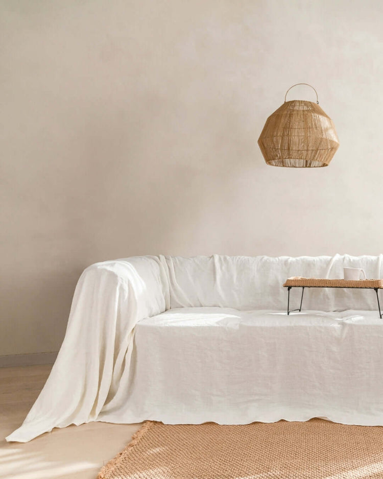 Off white linen couch cover custom size, wider room view with furniture