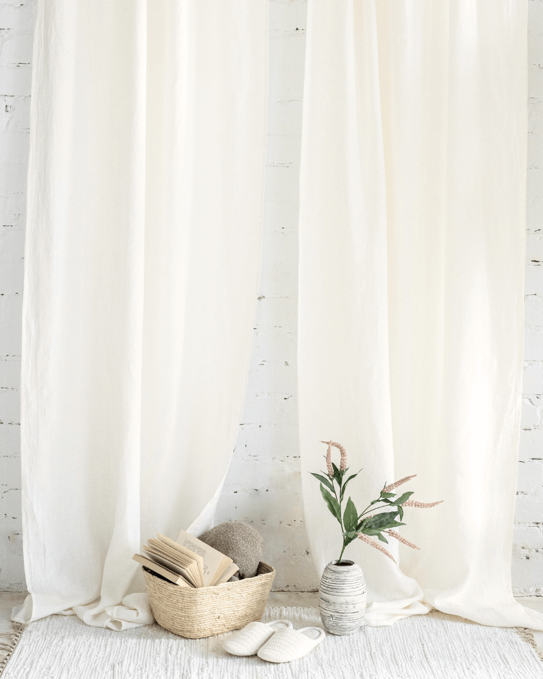 Off white semi-sheer linen curtains - full length soft drape in styled room