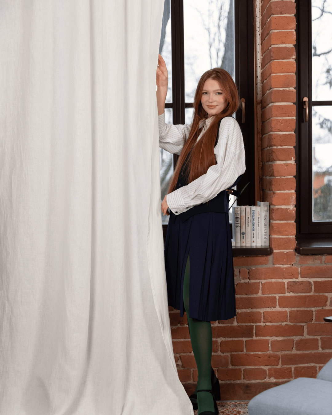 Off white semi-sheer linen curtains - privacy and light effect, woman behind panel