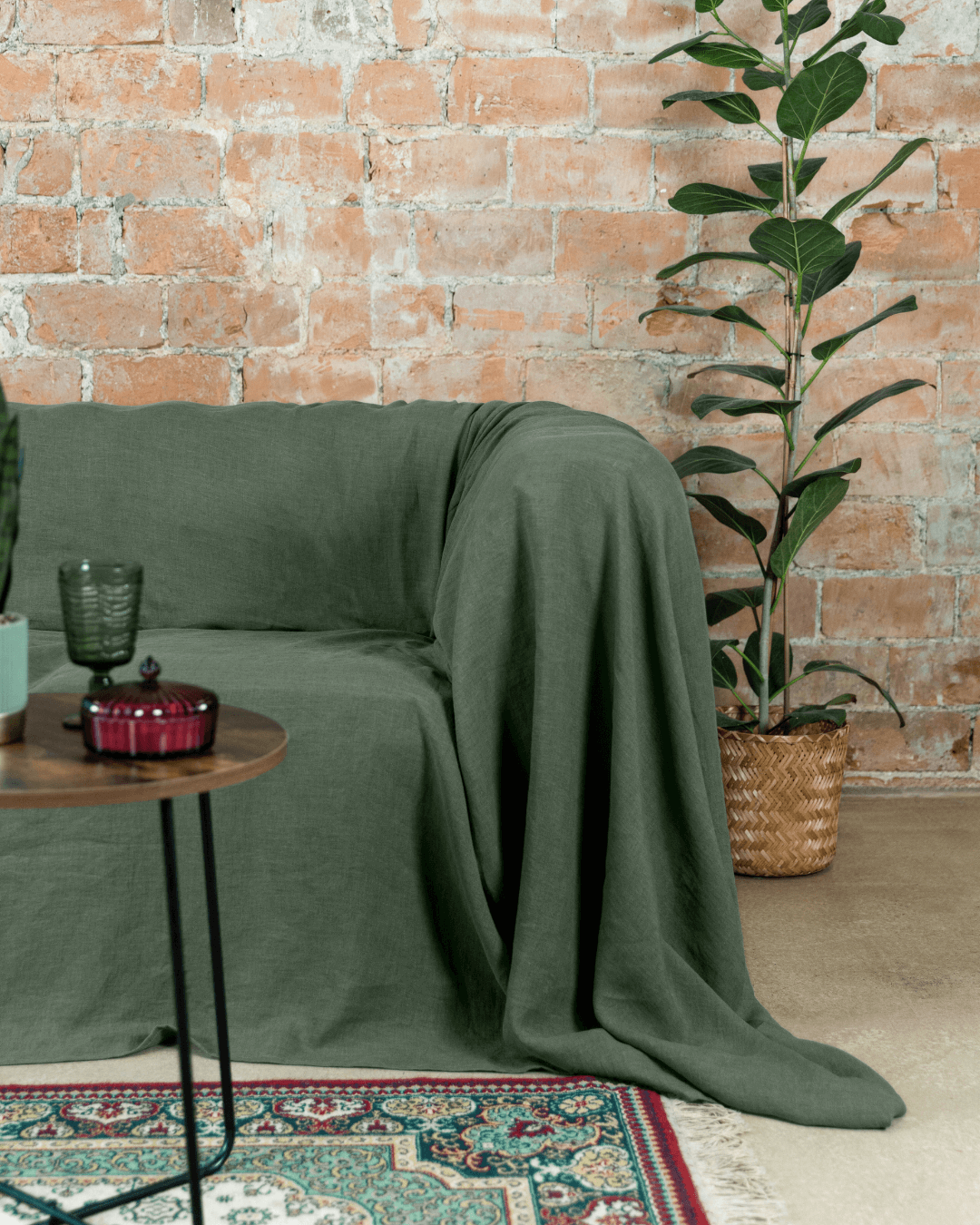 Safari green linen sofa cover for oversized sofa, front view, 175 g/m²