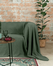Safari green linen sofa cover for oversized sofa, front view, 175 g/m²