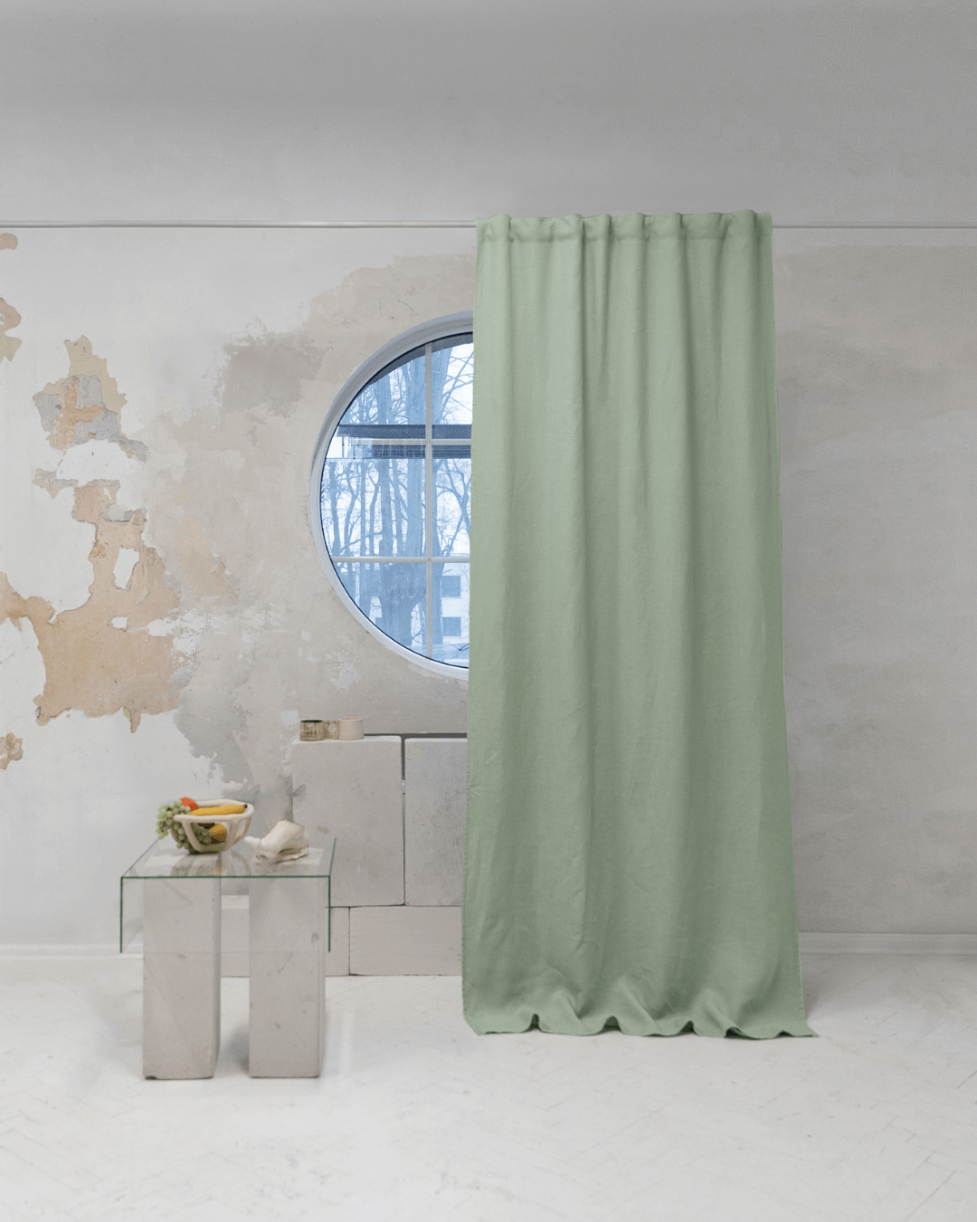 Sage green linen blackout curtain panels, set of 2, front view