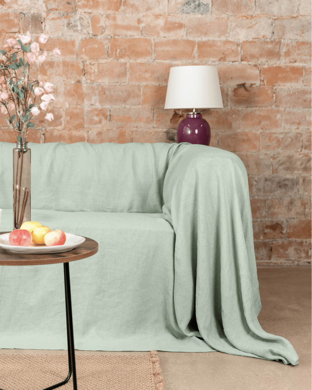 Sage green linen L shaped sofa cover, front view, 175 g/m²
